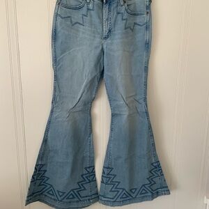NWT Wrangler Sky Blue Flare Jeans with Zigzag Pattern